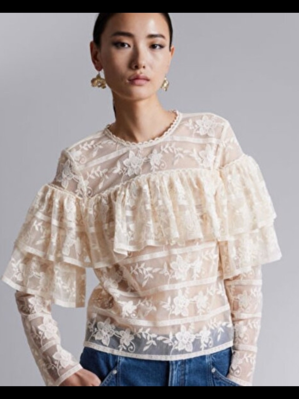 Sheer Floral Lace Ruffle Blouse in Cream